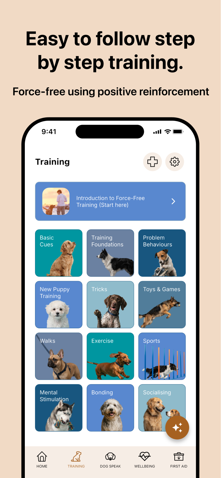 App Store artwork: Easy to follow step by step training, with a phone showing the training library
