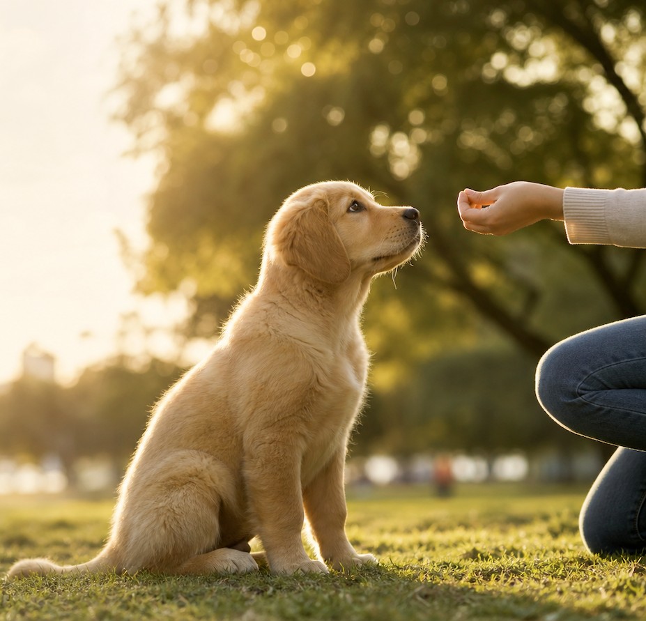 A golden retriever puppy sitting attentively on grass at golden hour, focused on a treat being offered by hand - a calm, force-free positive reinforcement puppy training moment with Promising Pups in Sydney